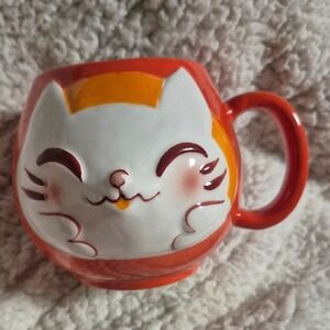 Pacifica Overseas LLC Maneki Neko Fortune Cat Hand Painted Mug 15oz Orange White